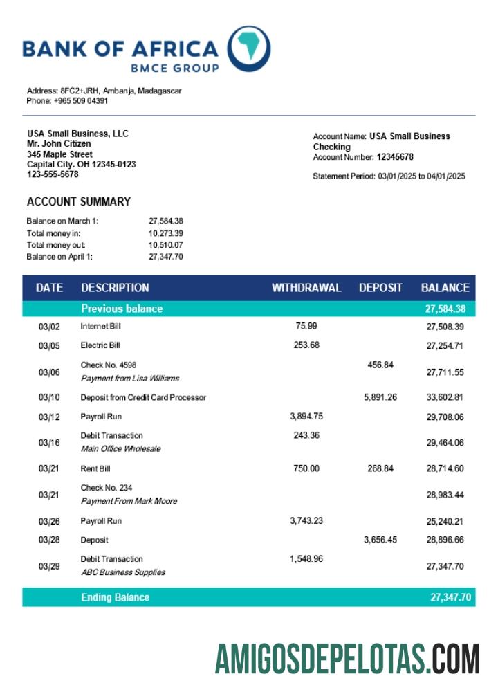 Realista Bank Of Africa Organization Checking modelo de extrato de conta Word e PDF (1)